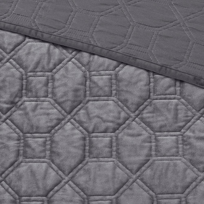 Start2Finish Harper 3-piece grey velvet quilt set with matching pillow shams, cozy and stylish bedding for bedroom decor.