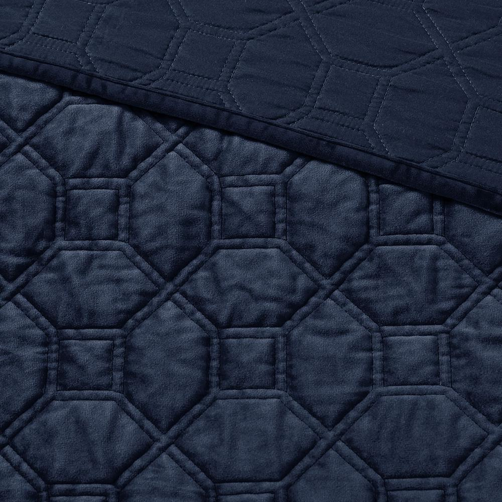 Start2Finish Harper 3-piece velvet quilt set in navy, soft textured bedding with matching pillow shams and quilted design.