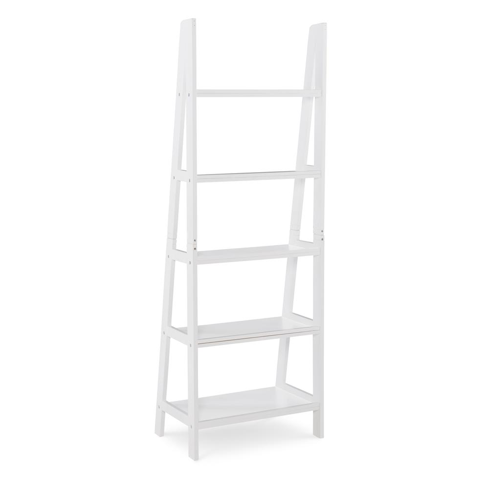 White Acadia Ladder Bookshelf by Start2Finish showing five tiers with books and decorative items on each shelf.