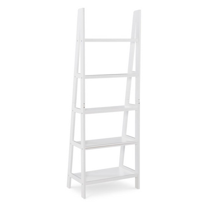 White Acadia Ladder Bookshelf by Start2Finish showing five tiers with books and decorative items on each shelf.