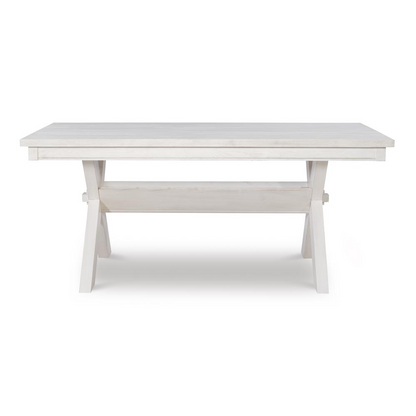Turino distressed white dining table by Start2Finish, showcasing a rustic wood finish with sturdy legs and a spacious tabletop.