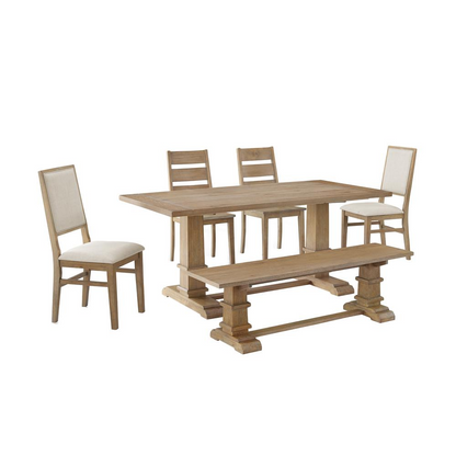 Start2Finish 6-piece dining table set with a table, bench, two ladder-back chairs, and two armchairs, ideal for family meals.