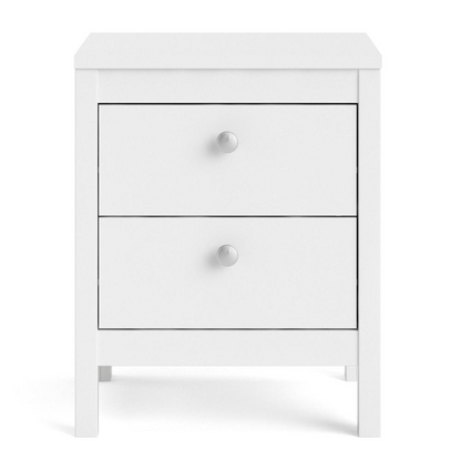 White Madrid 2 Drawer Nightstand by Start2Finish with sleek modern design and two spacious drawers.
