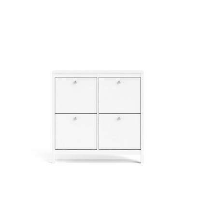 White Madrid 4 Drawer Shoe Cabinet by Start2Finish with sleek design and multiple storage drawers for organized footwear.