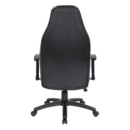 Start2Finish Commander gaming chair in black faux leather with grey accents, ergonomic design and adjustable armrests.