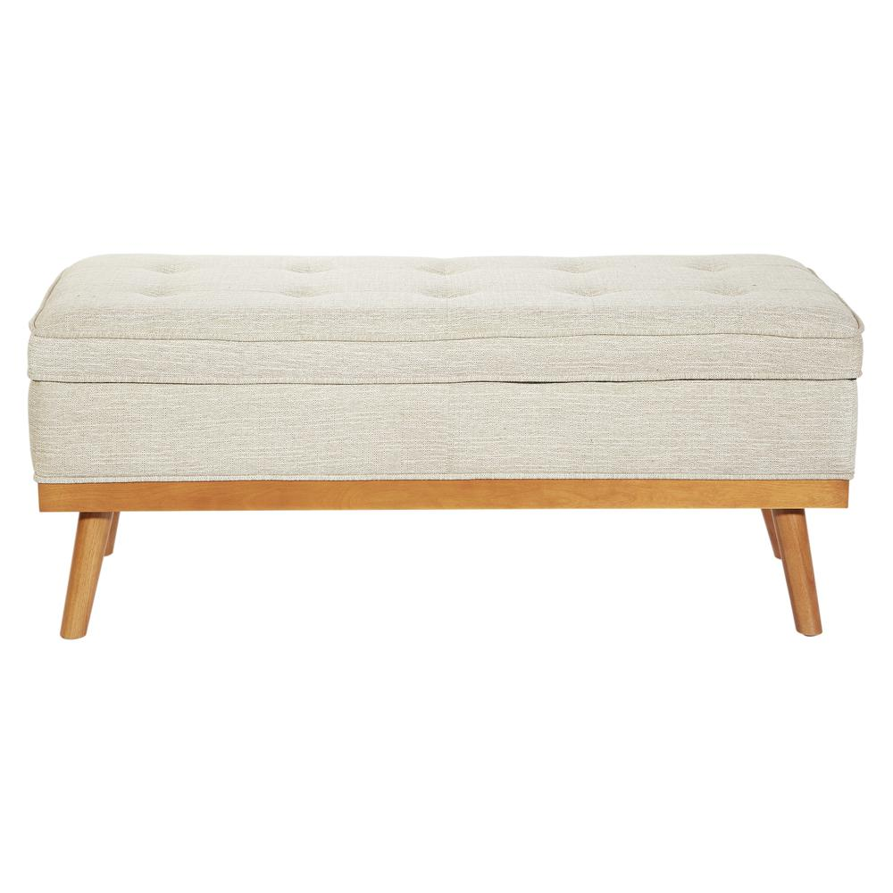 Start2Finish Katheryn storage bench in linen fabric with light espresso legs, showcasing its soft fabric and sturdy construction.