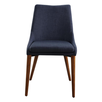 Pair of Palmer Mid-Century Modern fabric dining accent chairs in navy, designed by Start2Finish, with wooden legs and plush upholstery.