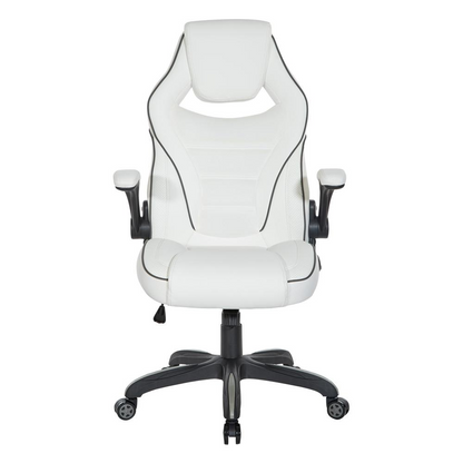 Start2Finish Xeno Gaming Chair in white faux leather with padded armrests and adjustable height, view from front angle.