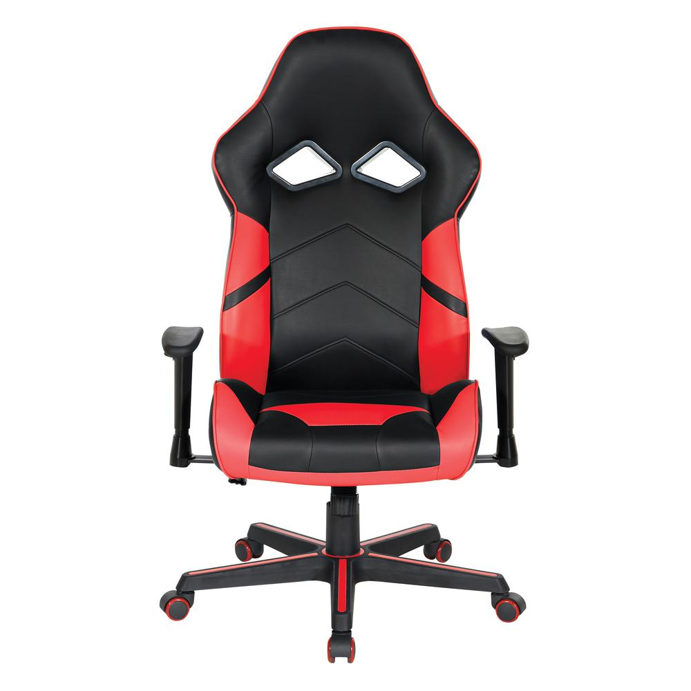 Vapor gaming chair by Start2Finish in black faux leather with red accents, ergonomic design and adjustable armrests.