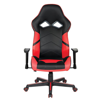 Vapor gaming chair by Start2Finish in black faux leather with red accents, ergonomic design and adjustable armrests.