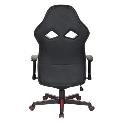 Vapor gaming chair in black faux leather with red accents, featuring ergonomic design and adjustable armrests for gaming comfort.