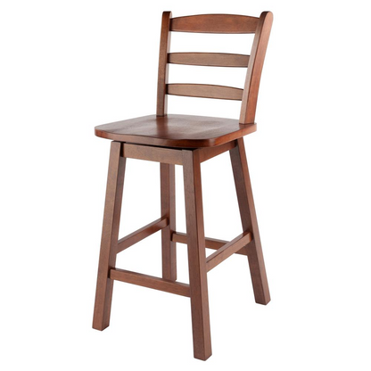 Walnut Scalera Ladder Back Swivel Seat Counter Stool by Start2Finish, showing a wooden stool with ladder back design and swivel seat.