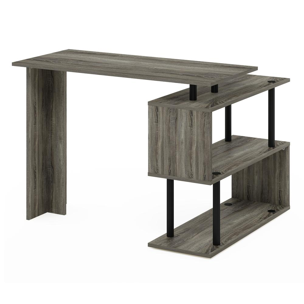 Furinno Moore L-shape computer desk by Start2Finish with French Oak and black finish, featuring three-tier shelves and workspace.