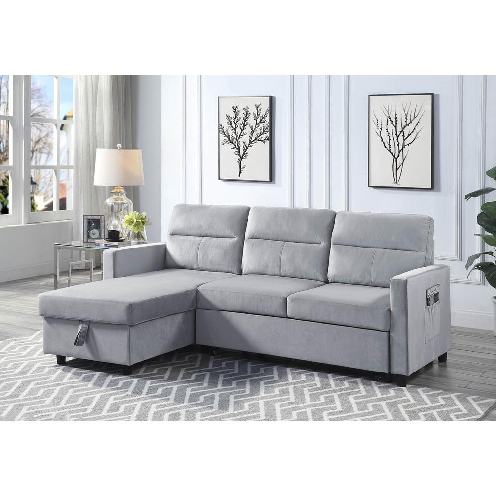Ivy light gray velvet reversible sleeper sectional sofa with storage chaise and side pocket, by Start2Finish.