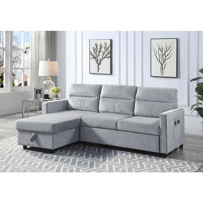 Ivy light gray velvet reversible sleeper sectional sofa with storage chaise and side pocket, by Start2Finish.