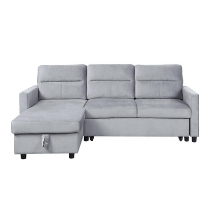 Light gray velvet reversible sleeper sectional sofa with storage chaise and side pocket by Start2Finish, showing plush seating and modern design.