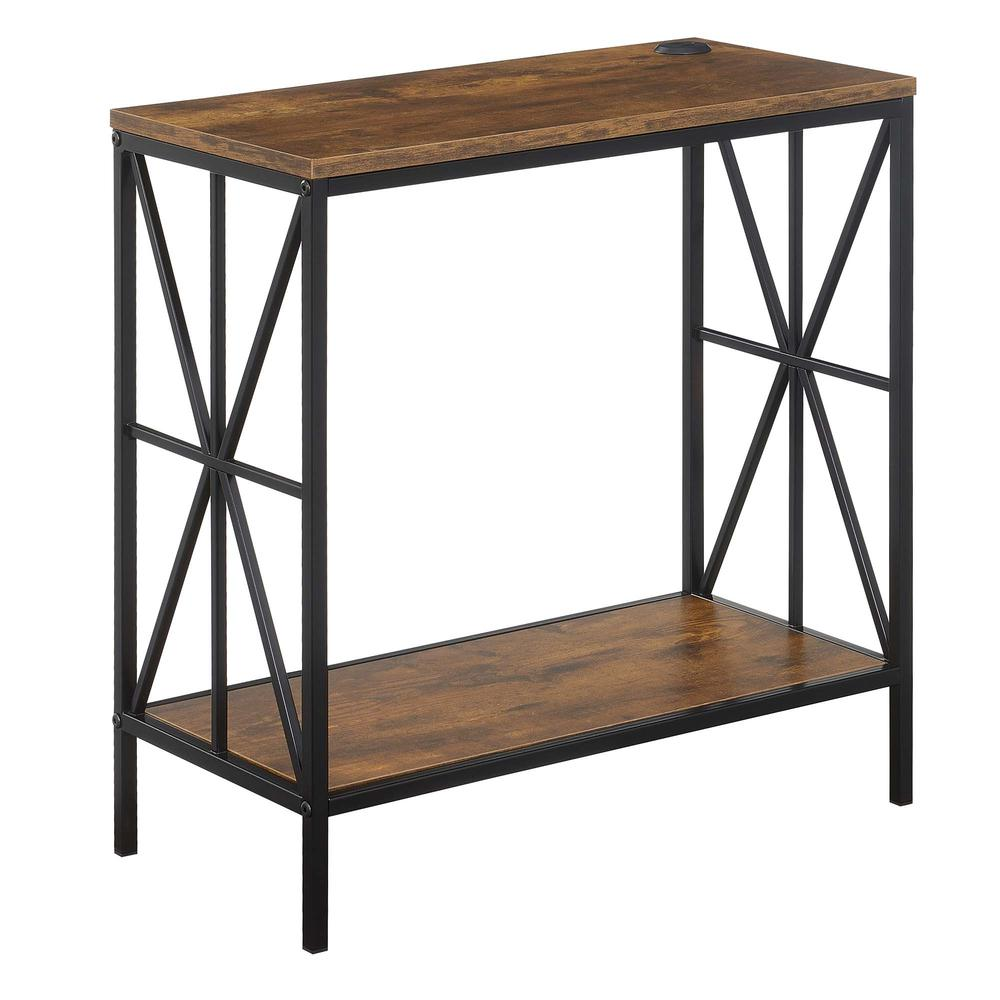 Tucson Starburst Chairside End Table by Start2Finish with barnwood and black finish, featuring a charging station and shelf.