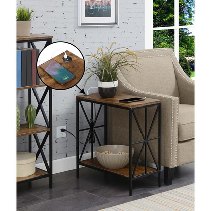 Tucson Starburst Chairside End Table by Start2Finish with barnwood and black finish, featuring charging station and storage shelf.