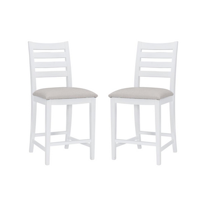 Set of two Flynn counter stools by Start2Finish with white upholstered seats and dark wooden legs, ideal for kitchen or bar areas.
