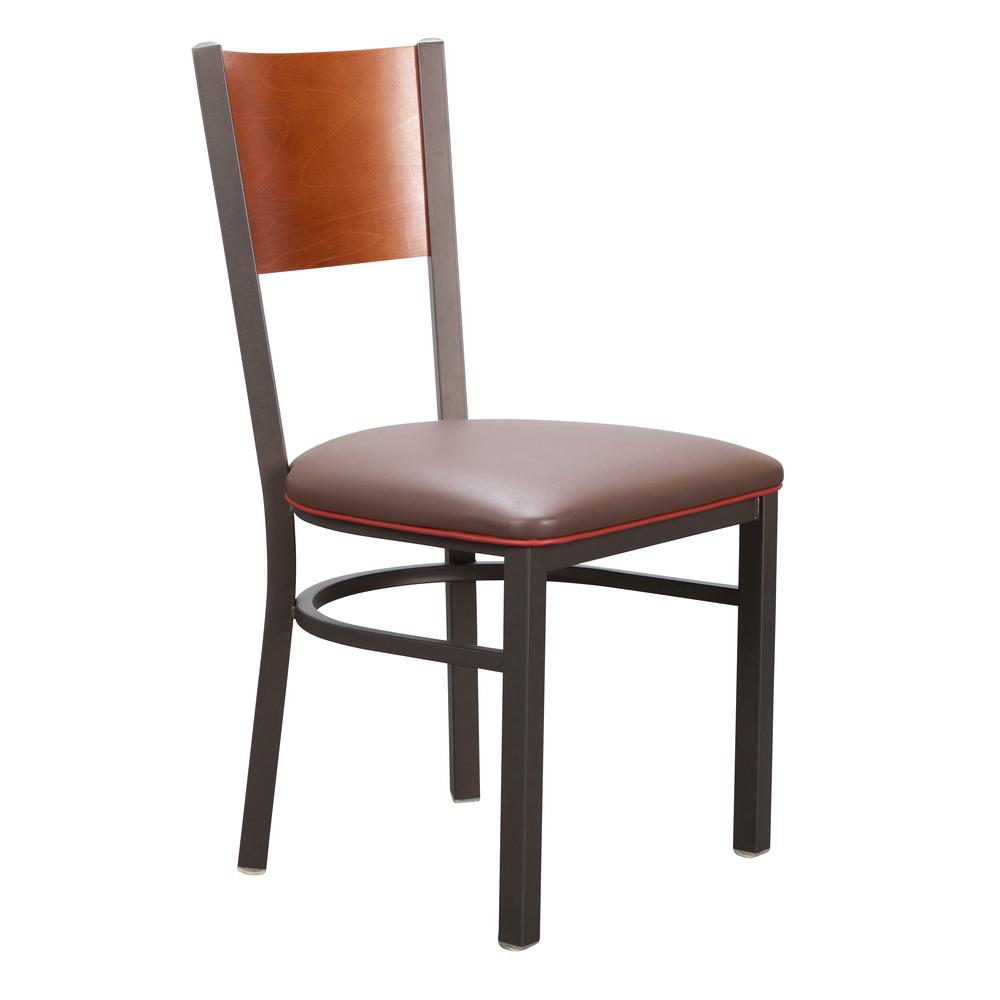 Pair of brown Elmer side chairs by Start2Finish, featuring wooden frames and cushioned seats for dining or casual seating.