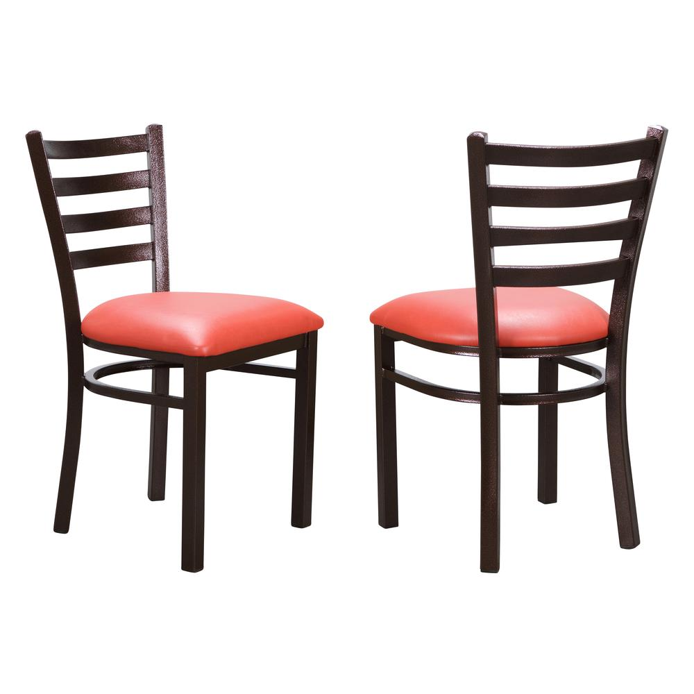 Set of two red Baxter metal side chairs by Start2Finish with sleek metal frames and modern design.
