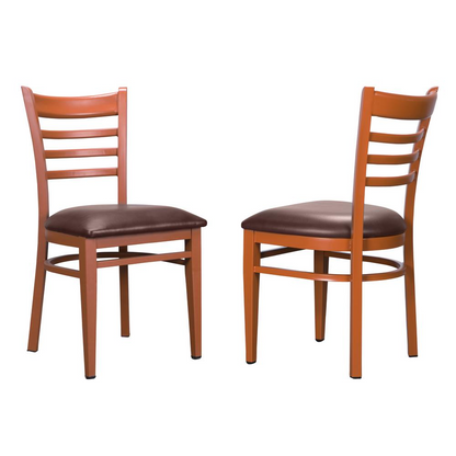Set of two Start2Finish Baxter metal side chairs in honey burgundy with curved backs and metal frame detailing.