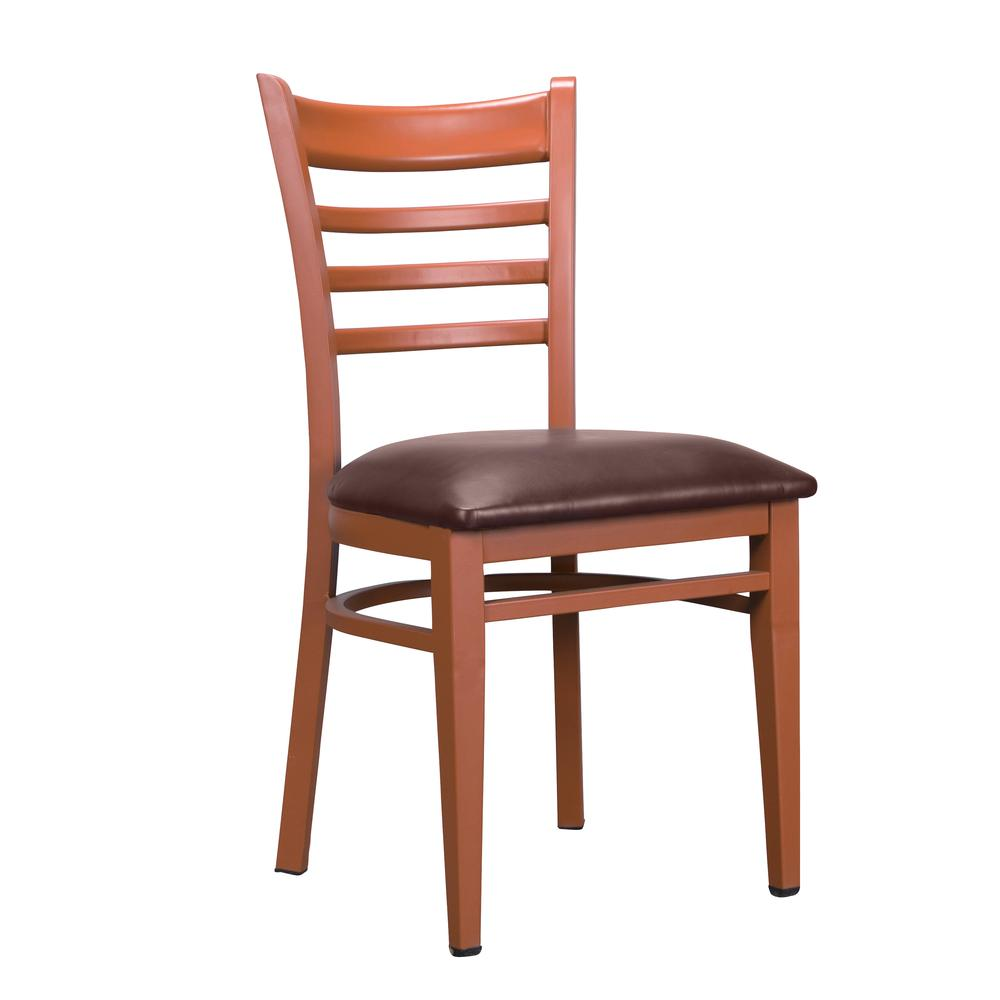 Set of two Start2Finish Baxter metal side chairs in honey and burgundy, featuring sleek modern design and sturdy metal construction.