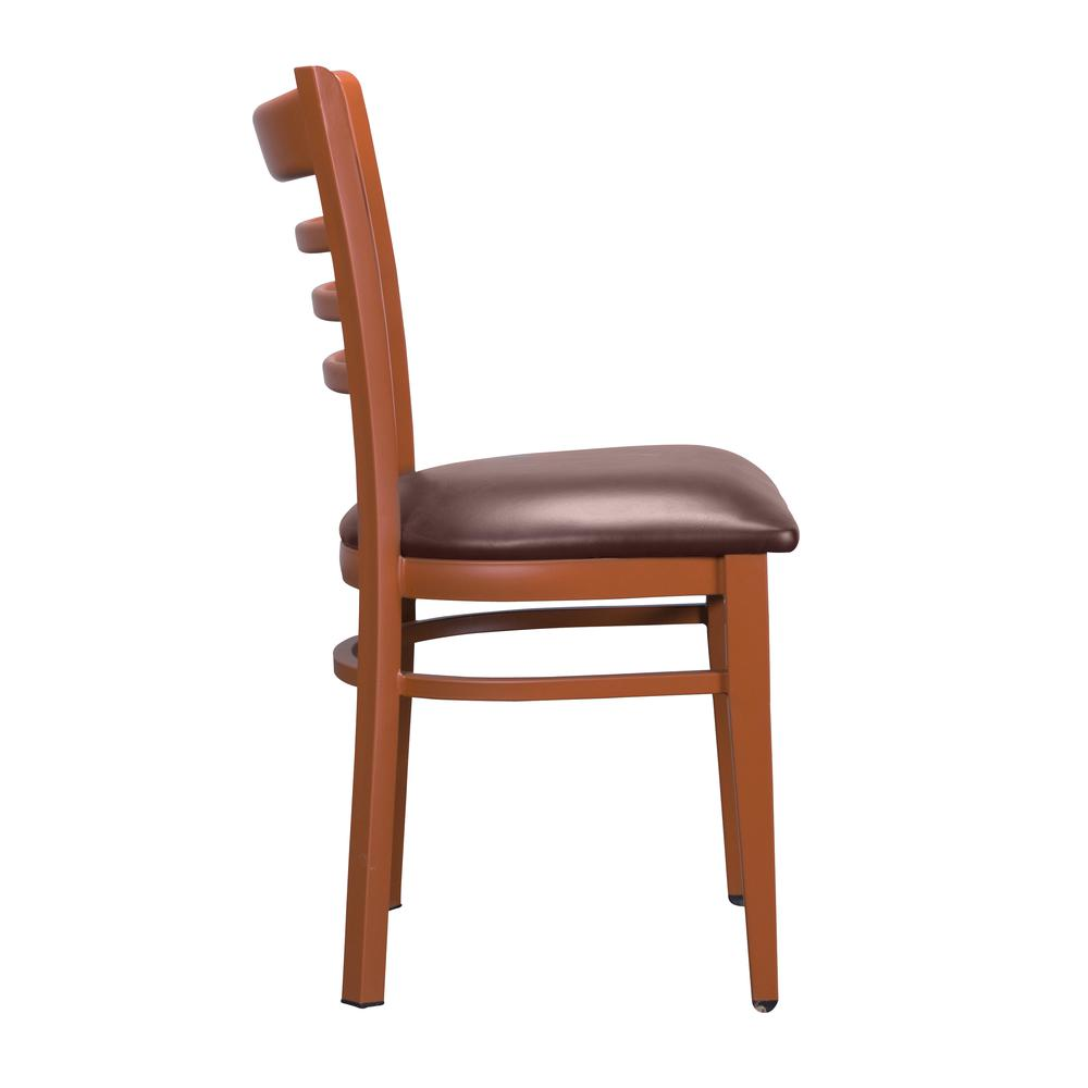 Set of two Baxter metal side chairs in honey and burgundy finish by Start2Finish, featuring sleek metal frames and cushioned seats.