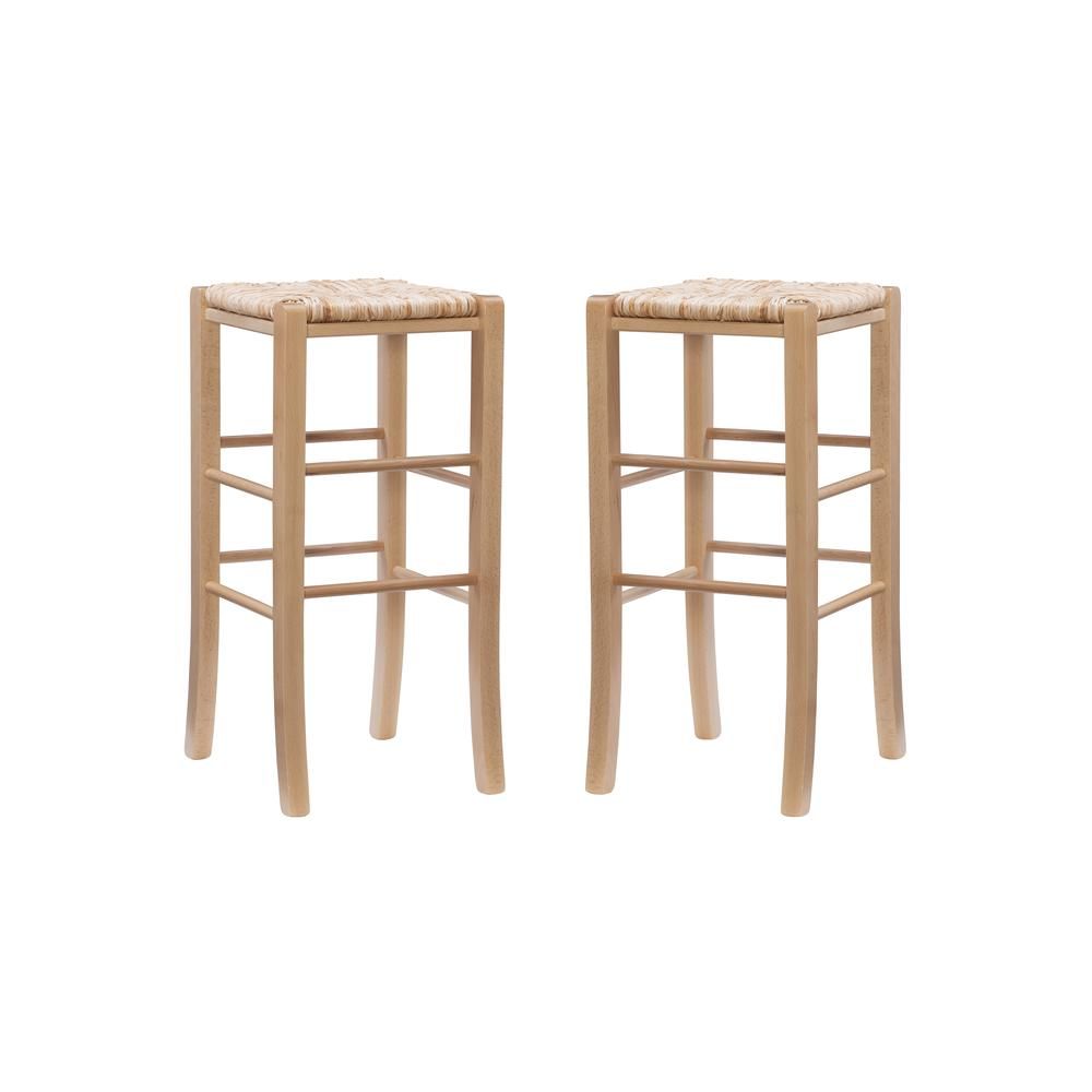 Pair of Gianna backless barstools by Start2Finish in natural wood finish, showcasing sleek design and sturdy construction.
