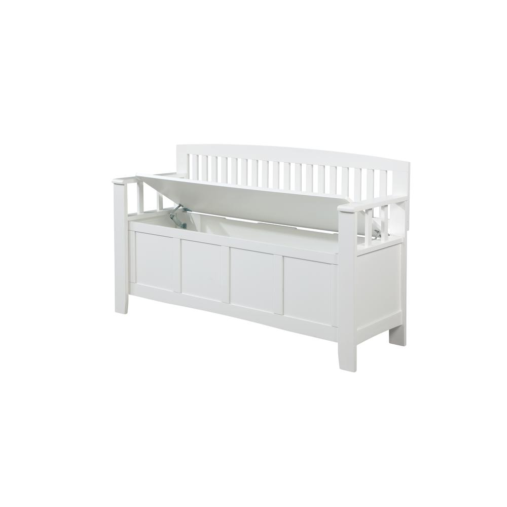 White Cynthia Storage Bench by Start2Finish with cushioned top and wooden legs, perfect for living room or bedroom storage.