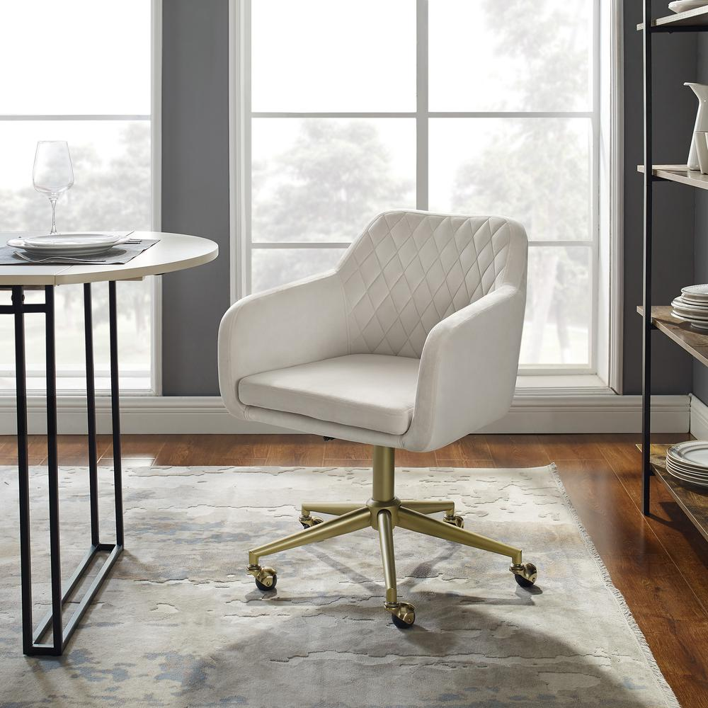 Imogen quilted office chair in off-white fabric with chrome base and armrests, ergonomic design for comfortable seating.