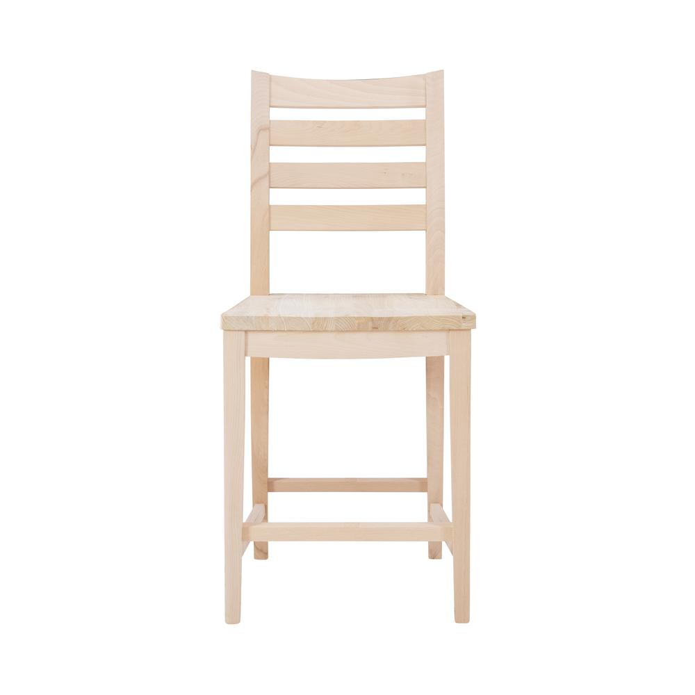 Two unfinished Flynn counter stools by Start2Finish, showcasing wooden frames and simple design for kitchen or bar seating.
