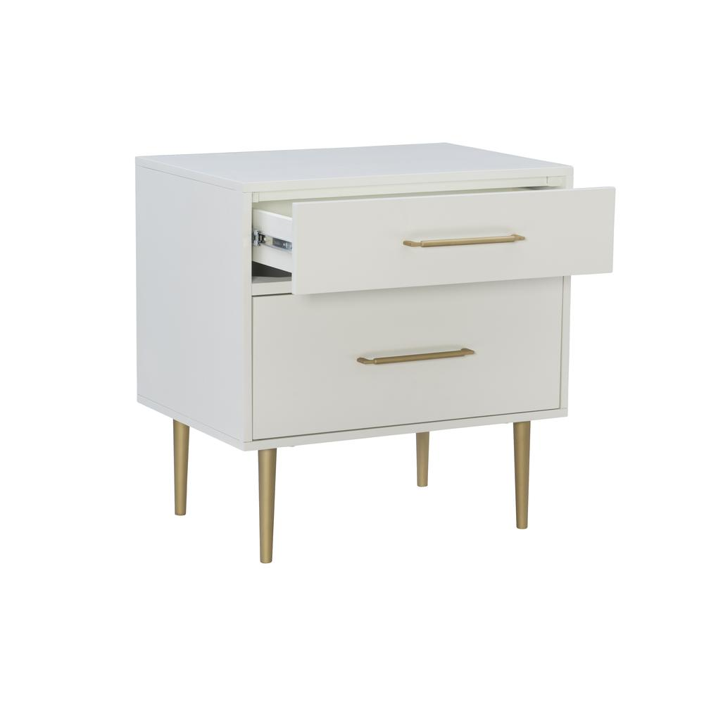 Start2Finish Gloria two-drawer nightstand with wood finish, featuring sleek handles and a sturdy design for bedroom storage.