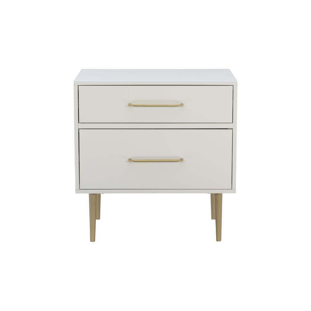 Start2Finish Gloria two-drawer nightstand with dark wood finish and sleek modern design, featuring silver handles and smooth surface.