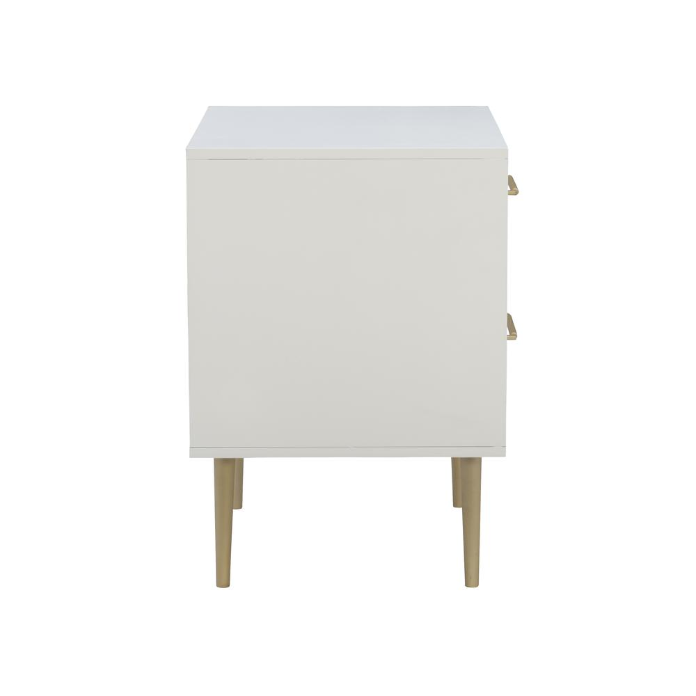 Start2Finish Gloria two-drawer nightstand with sleek wood finish and modern handles, shown with top surface and drawer details.