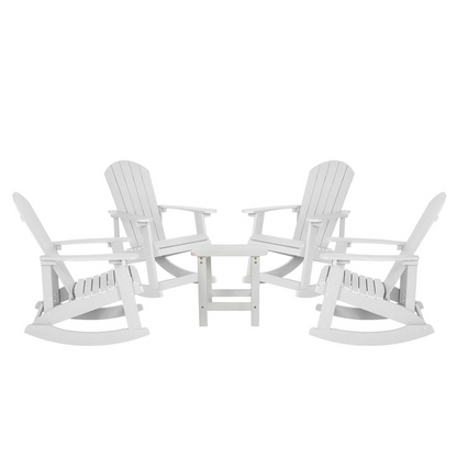 Set of 4 white Adirondack rocking chairs with matching side tables by Start2Finish, outdoor patio furniture for relaxing outdoor spaces.