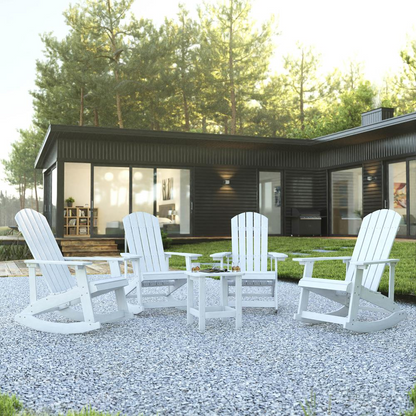 Set of 4 white Adirondack rocking chairs with side tables by Start2Finish, outdoor patio furniture for relaxing and socializing.