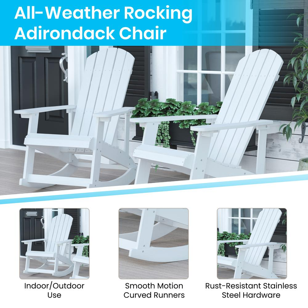 Set of 4 white Adirondack rocking chairs with side tables by Start2Finish, outdoor furniture for relaxing patios.