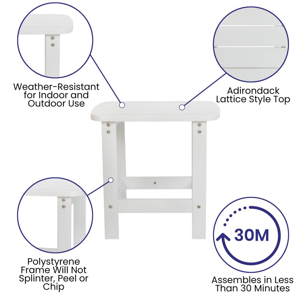 Set of four white Adirondack rocking chairs with side table by Start2Finish, outdoor patio furniture, comfortable and stylish.