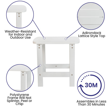 Set of four white Adirondack rocking chairs with side table by Start2Finish, outdoor patio furniture, comfortable and stylish.