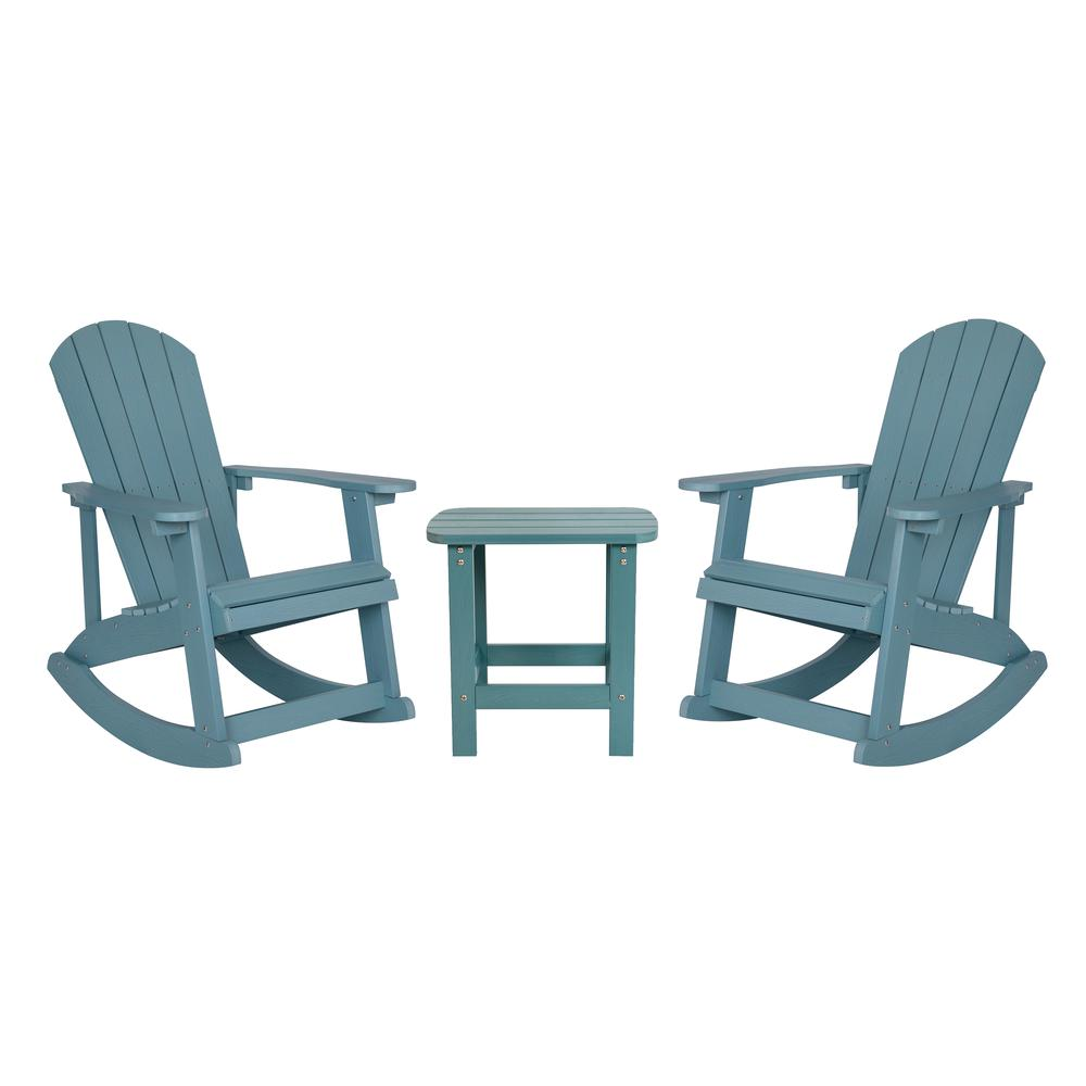 Set of 2 Sea Foam Adirondack rocking chairs with matching side table by Start2Finish, outdoor patio furniture shown in the image.