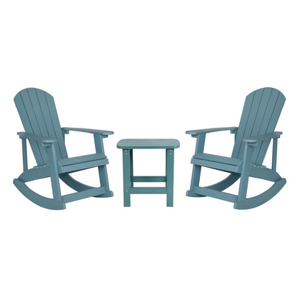 Set of 2 Sea Foam Adirondack rocking chairs with matching side table by Start2Finish, outdoor patio furniture shown in the image.