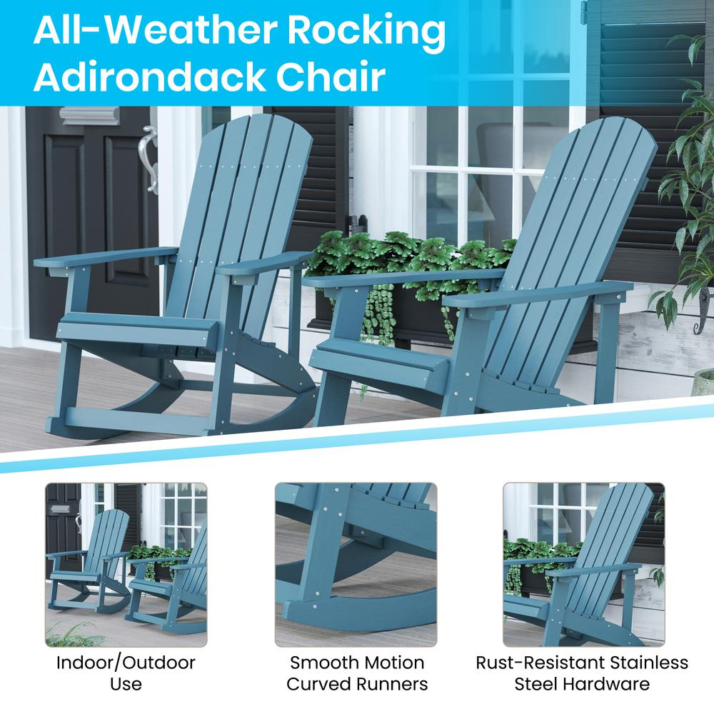 Set of 2 Start2Finish Adirondack rocking chairs in sea foam with a matching side table, outdoor patio furniture.