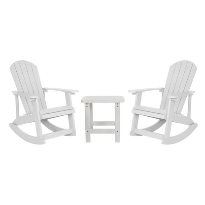 Set of 2 white Adirondack rocking chairs with side table by Start2Finish, outdoor patio furniture for relaxing and entertaining.