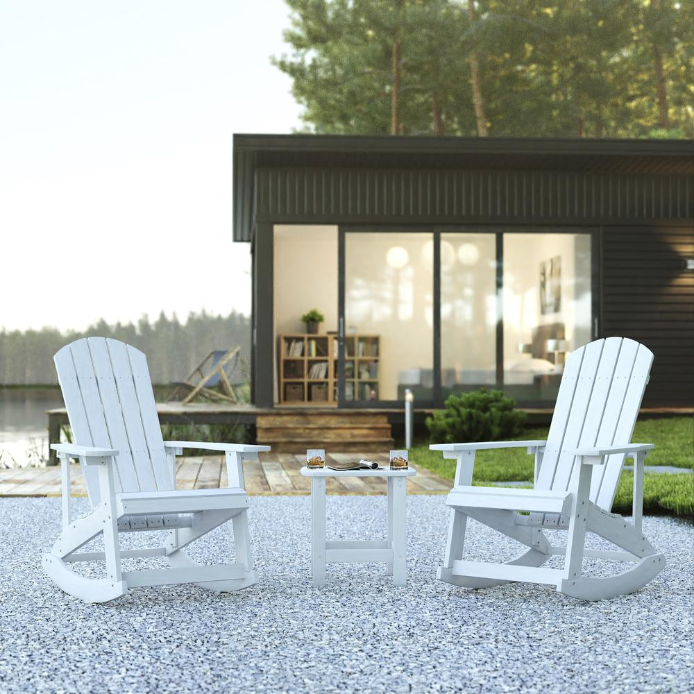 Set of 2 white Adirondack rocking chairs with a matching side table by Start2Finish, showing comfortable seating and sturdy design.