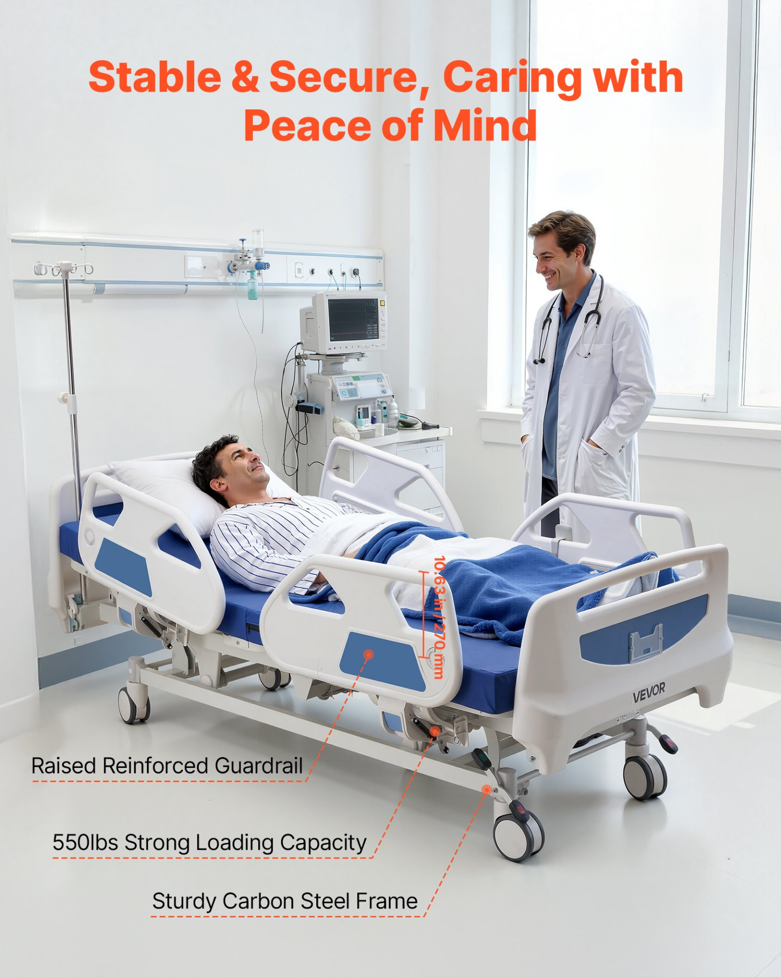 Start2Finish VEVOR premium electric hospital bed with adjustable head, foot, Trendelenburg, and locking casters for home medical use.