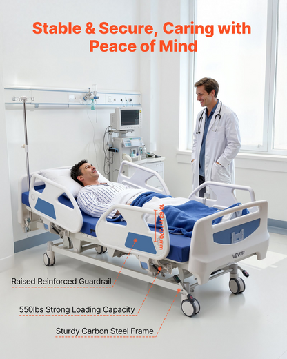 Start2Finish VEVOR premium electric hospital bed with adjustable head, foot, Trendelenburg, and locking casters for home medical use.