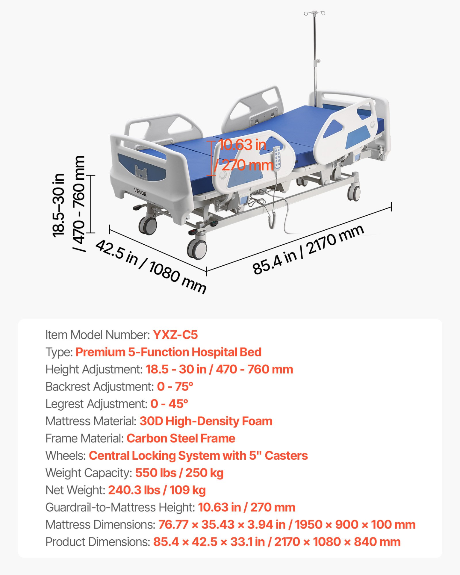 Start2Finish VEVOR electric hospital bed with adjustable head and foot, Trendelenburg, locking casters, and sturdy 550LBS capacity.
