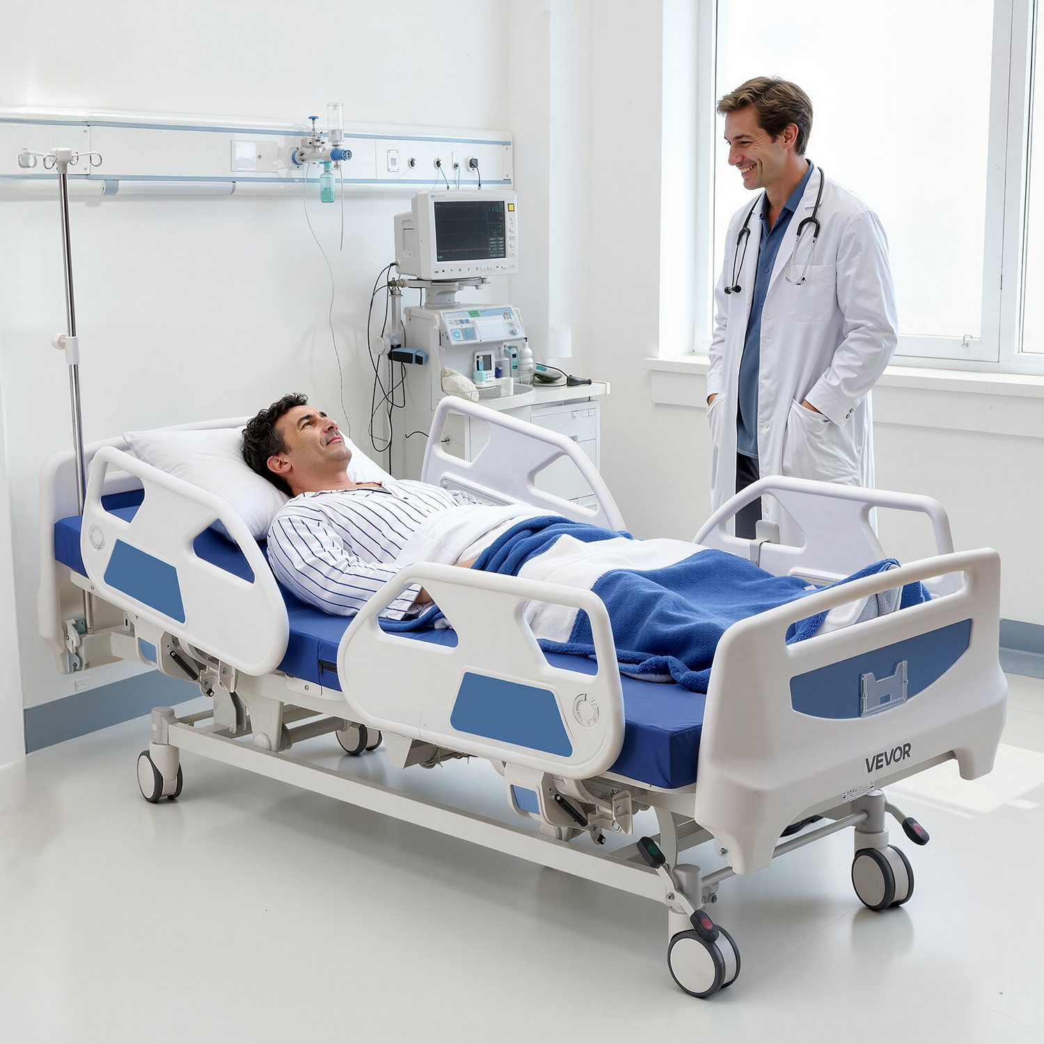 Start2Finish VEVOR premium electric hospital bed with adjustable head, foot, Trendelenburg, and locking casters for home use.