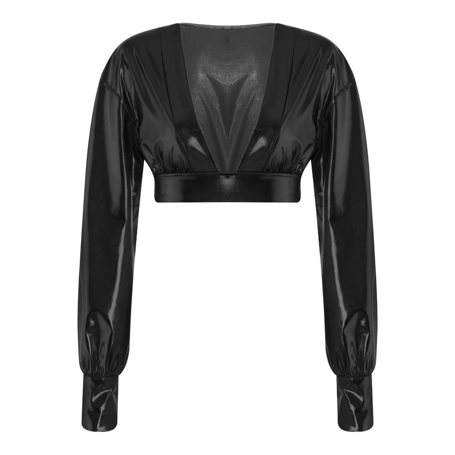 Womens Y2K Metallic Shiny Hip Hop Crop Top Deep V Neck Balloon Long Sleeve Button Cuffs Blouses Tops Disco Party Rock Clubwear